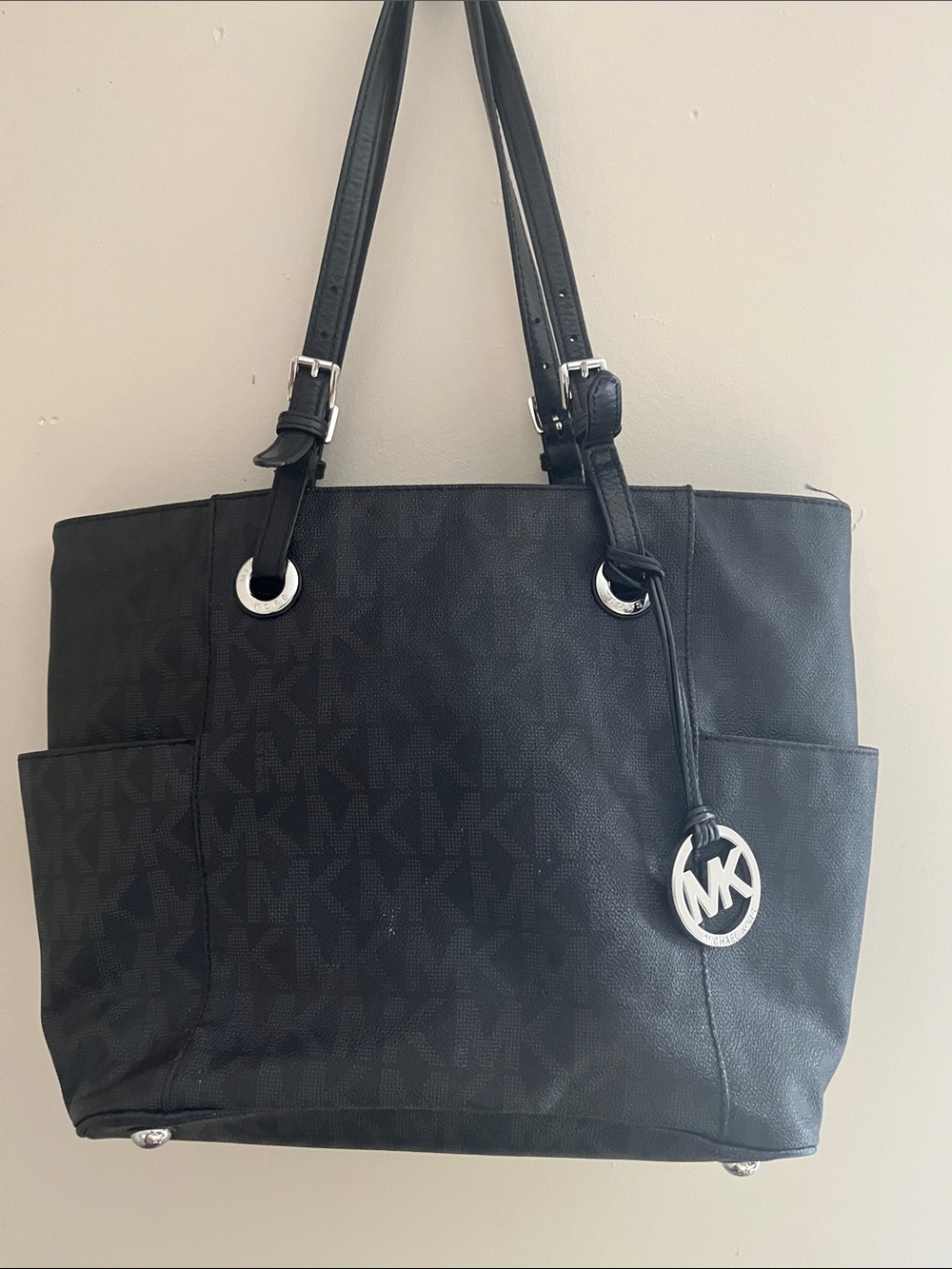 Michael Kors Black MK Logo Tote with Silver Charm